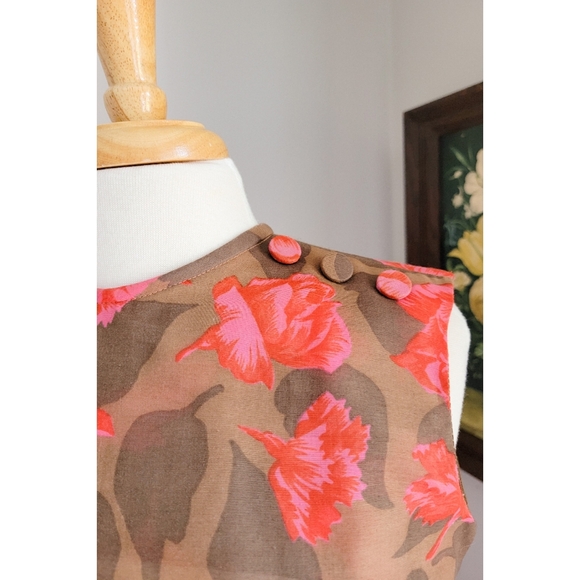 1950s Sleeveless Floral Boat Neck 50s Vintage Pleated Brown Red Pink Midi Dress - Picture 13 of 15